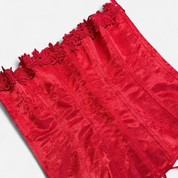 Crepe Suzette Foundations Red Floral Embroidered Satin Boned Lace Up Corset 34 - Picture 6 of 8